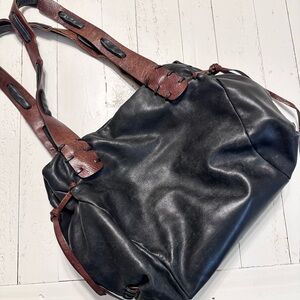 Beautiful Black Brown Italian Leather duffle boho Bag over the shoulder Straps